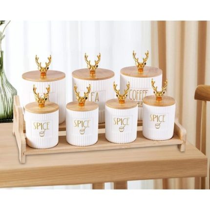 Spice set Ghazala - White with golden knop - 7 pieces + wodden holder